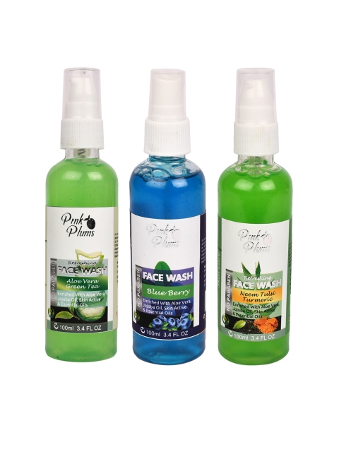 

Pink Plums Set of 3 Face Wash - Aloe Vera + Blue Berry + Neem Tulsi - 100 ml Each, Green