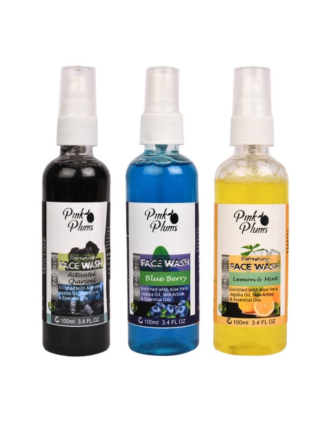 

Pink Plums Set of 3 Paraben Free Face Wash - Charcoal + Blueberry + Lemon - 100ml each, Black