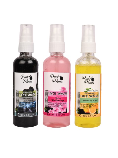 

Pink Plums Set of 3 Face Wash - Charcoal + Skin Whitening + Lemon and Mint - 100 ml Each, Black