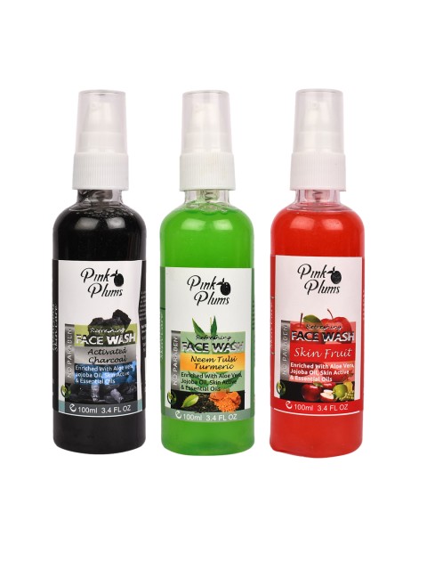 

Pink Plums Set of 3 Paraben Free Face Wash- Charcoal + Neem Tulsi + Skin Fruit -100ml each, Black