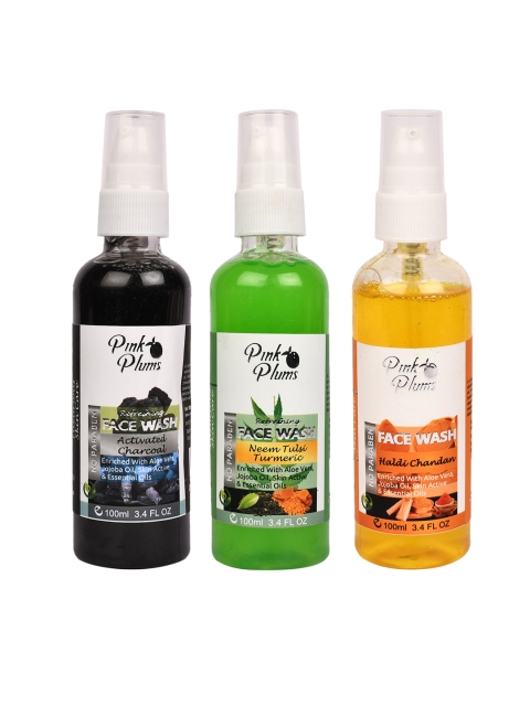 

Pink Plums Set of 3 Paraben Free Charcoal haldi & chandan Neem Tulsi Face Wash - 100mleach, Black