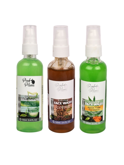 Pink Plums Set of 3 Face Wash - Coffee + Aloe Vera + Neem Tulsi - 100 ml Each, Green