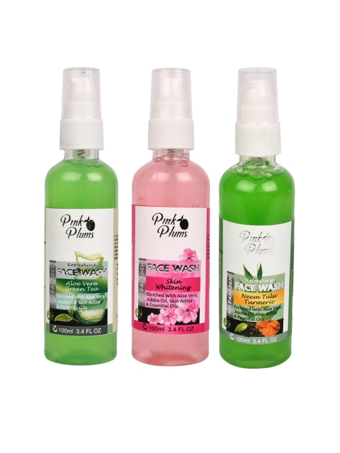 

Pink Plums Set of 3 Face Wash - Aloe Vera + Skin Whitening + Neem Tulsi - 100 ml Each, Green