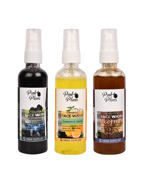 

Pink Plums Set of 3 Face Wash - Charcoal + Lemon and Mint + Coffee - 100 ml Each, Black