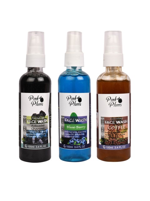 

Pink Plums Set of 3 Face Wash - Charcoal + Blue Berry + Coffee - 100 ml Each, Black