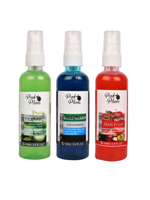 

Pink Plums Set of 3 Face Wash - Aloe Vera + Oil Control + Skin Fruit - 100 ml Each, Green