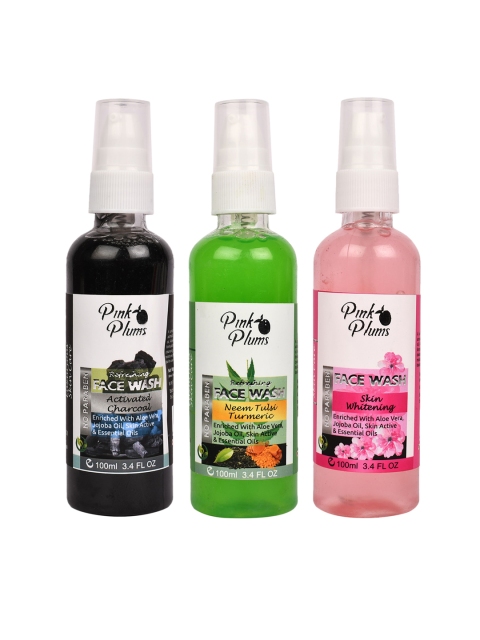 

Pink Plums Set of 3 Face Wash- Charcoal + Neem Tulsi + Skin Whitening-100ml each, Black