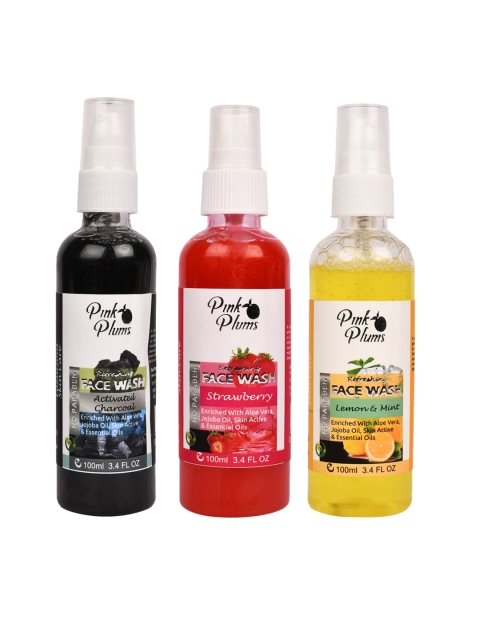 

Pink Plums Set of 3 Face Wash - Charcoal + Strawberry + Lemon and Mint - 100 ml Each, Black