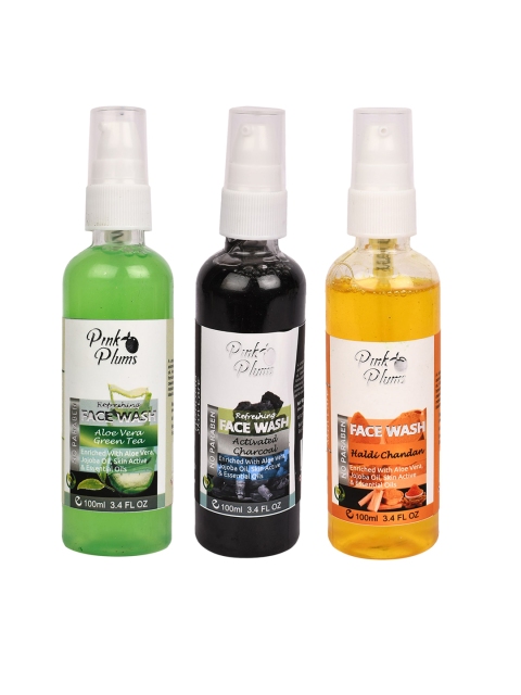 

Pink Plums Set of 3 Paraben Free Face Wash-Aloe Vera Charcoal Haldi Chandan-100ml each, Green