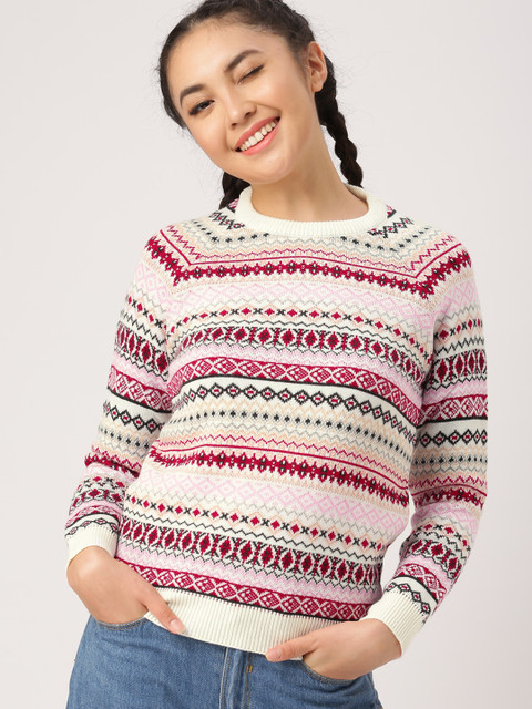 

DressBerry Women Off-White & Maroon Self Design Pullover