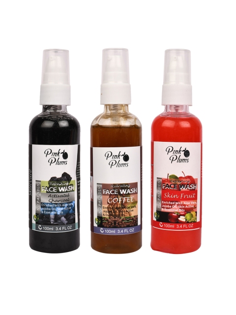 

Pink Plums Set of 3 Paraben Free Face Wash - Charcoal + Skin Fruit + Coffee - 100ml each, Black