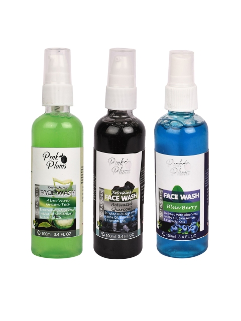 

Pink Plums Set of 3 Paraben Free Face Wash - Aloe Vera + Charcoal + Blueberry - 100ml each, Green