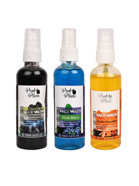 

Pink Plums Set Of 3 Paraben Free Charcoal haldi & chandan Blueberry Face Wash 300ml, Multi