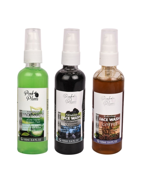 

Pink Plums Set of 3 Paraben Free Face Wash - Aloe Vera Charcoal Coffee - 100ml each, Green