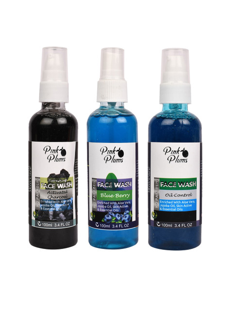 

Pink Plums Set of 3 Face Wash - Charcoal + Blue Berry + Oil Control - 100 ml Each, Black