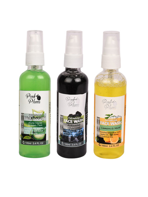 

Pink Plums Set of 3 Paraben Free Face Wash - Aloe Vera + Charcoal + Lemon - 100ml each, Green
