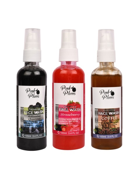

Pink Plums Set of 3 Face Wash - Charcoal + Strawberry + Coffee - 100 ml Each, Black