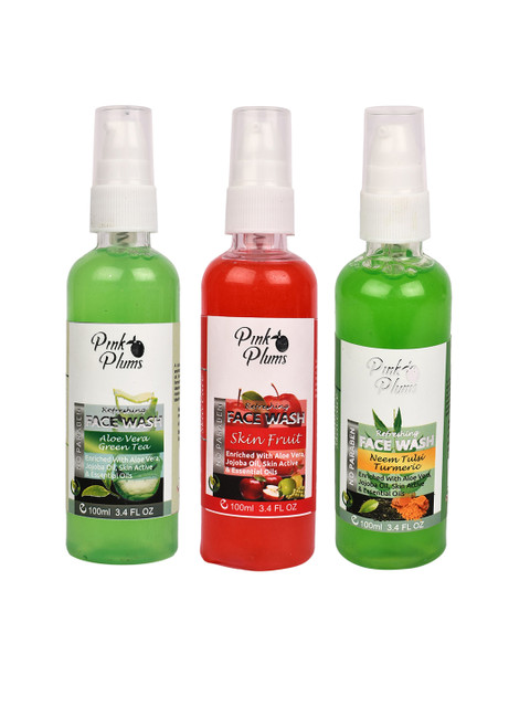 

Pink Plums Set of 3 Face Wash - Aloe Vera + Neem Tulsi + Skin Fruit - 100 ml Each, Green