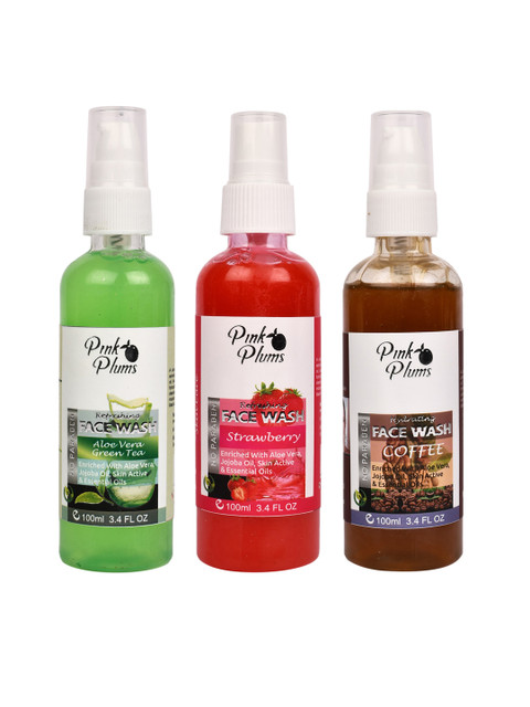 

Pink Plums Set of 3 Paraben Free Face Wash - Aloe Vera + Strawberry + Coffee - 100ml each, Green