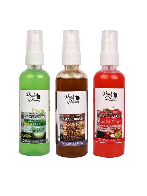 

Pink Plums Set of 3 Paraben Free Face Wash - Aloe Vera + Coffee + Skin Fruit - 100ml each, Green