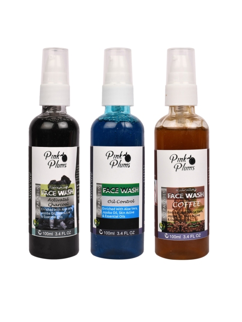 

Pink Plums Set of 3 Face Wash - Charcoal + Oil Control + Coffee - 100 ml Each, Black