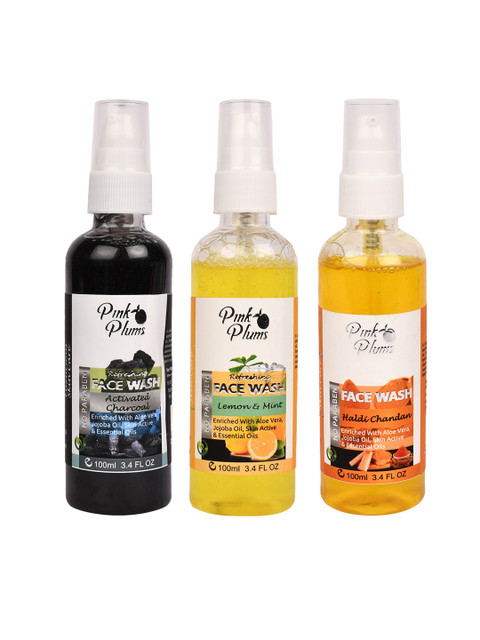 

Pink Plums Set of 3 Paraben Free Face Wash - Charcoal Haldi Chandan & Lemon - 100ml each, Black