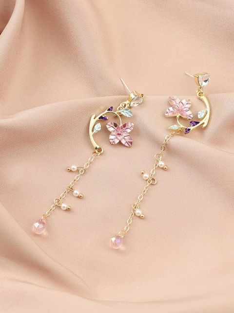 

EL REGALO Women Gold-Toned & Pink Floral Drop Earrings