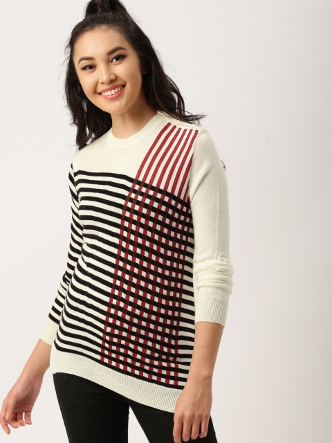 

DressBerry Women White & Black Striped Pullover