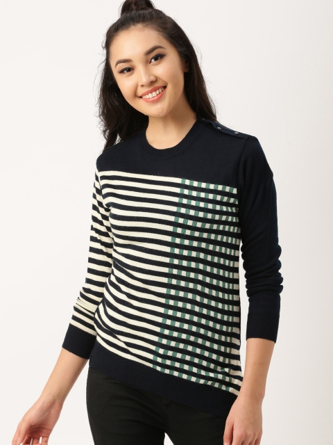 

DressBerry Women Navy & Off-White Striped Pullover, Navy blue