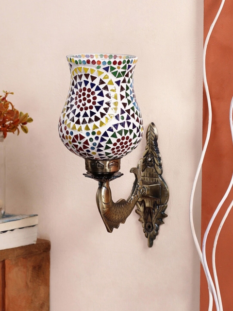 Devansh Metallic-Toned & White Textured Metal Wall Lamp With Mosaic Glass