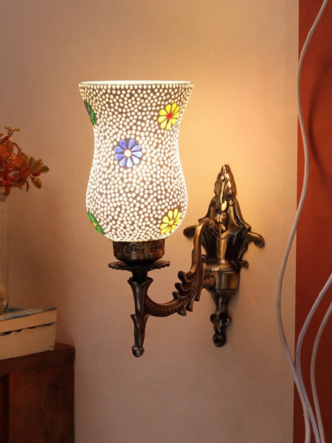 

Devansh Metallic-Toned & White Textured Metal Wall Lamp With Mosaic Glass
