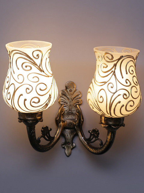 

Devansh Metallic-Toned & White Textured Metal Double Wall Lamp With Glass