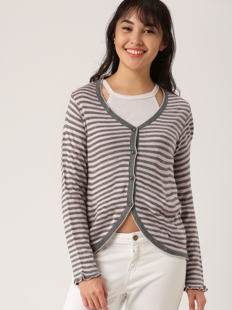 

DressBerry Women Grey & Pink Striped Cardigan