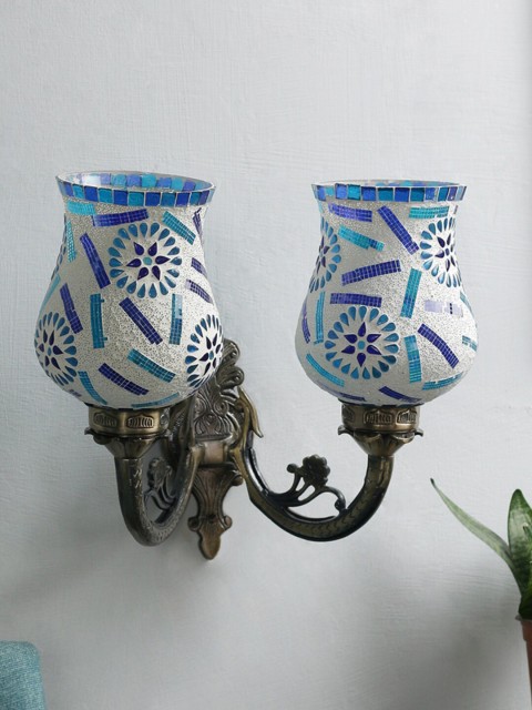 

Devansh White & Blue Textured Mosaic Double Wall Mounted Wall Lamp