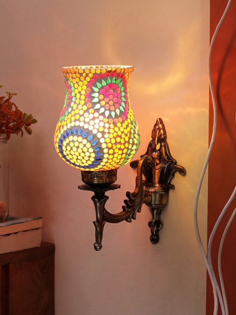 

Devansh Metallic-Toned & Pink Textured Metal Wall Lamp With Mosaic Glass