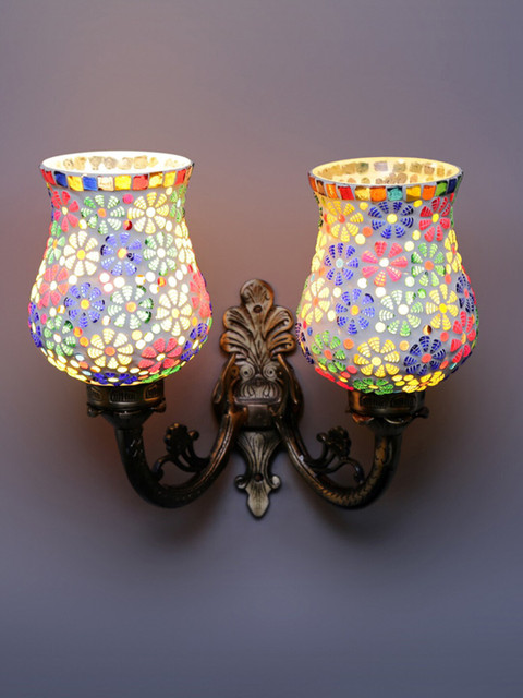 

Devansh Metallic-Toned & White Textured Metal Double Wall Lamp With Mosaic Glass