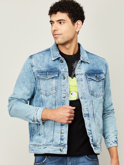 

Forca Men Blue Washed Windcheater Denim Jacket with Patchwork