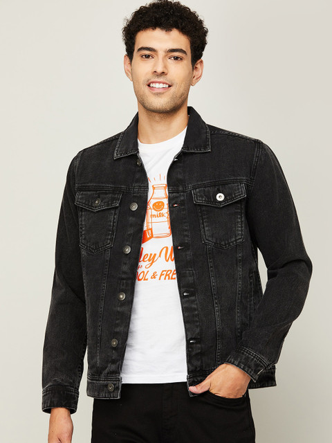 

Forca Men Black Washed Windcheater Denim Jacket with Embroidered