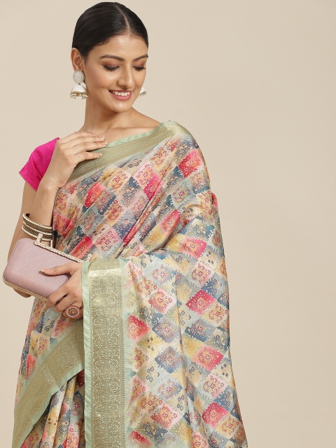 

Havida Sarees Lime Green & Red Ethnic Motifs Zari Silk Cotton Mysore Silk Saree