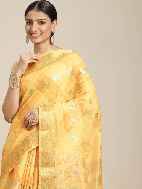 

Havida Sarees Yellow Ethnic Motifs Zari Baluchari Saree