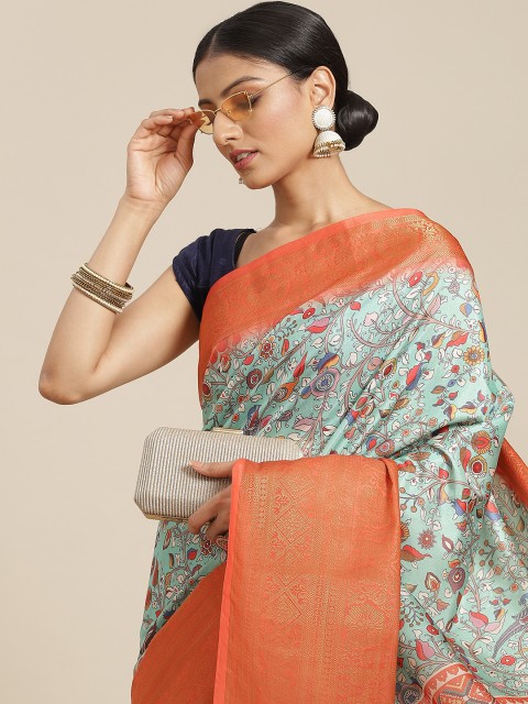 

Havida Sarees Orange & Blue Floral Zari Silk Blend Uppada Saree