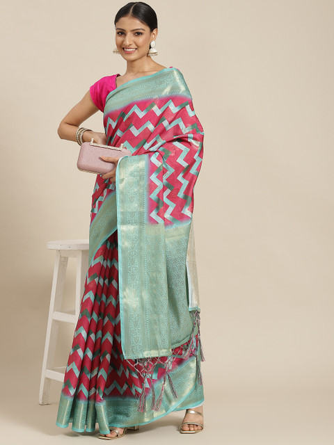 

Havida Sarees Pink & Green Zari Silk Cotton Block Print Saree