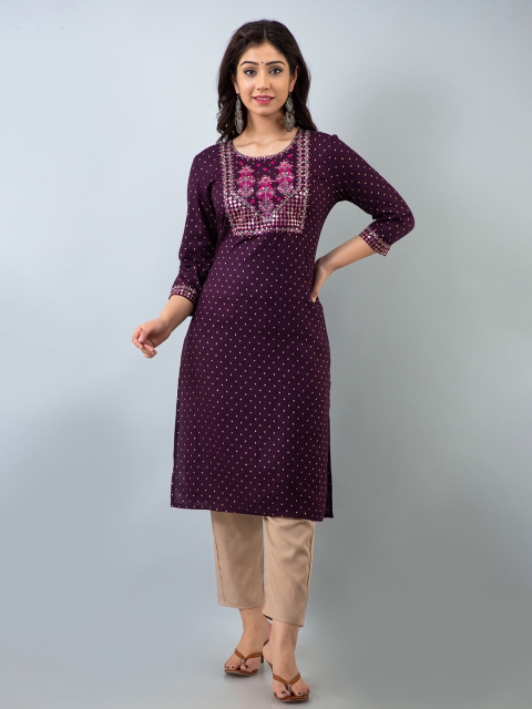 

NAYRAH Women Burgundy & Pink Ethnic Motifs Yoke Design Thread Work Kurta