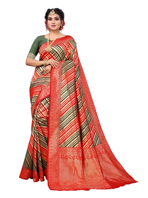 

Pisara Red & Olive Green Woven Design Zari Silk Blend Chanderi Saree