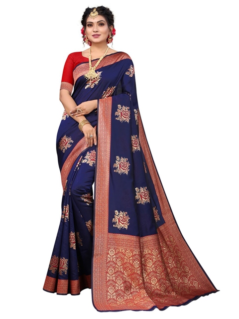 

Pisara Navy Blue & Red Woven Design Silk Blend Chanderi Saree