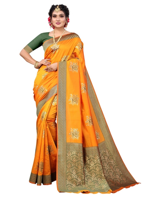 

Pisara Mustard & Gold-Toned Woven Design Zari Silk Blend Chanderi Saree