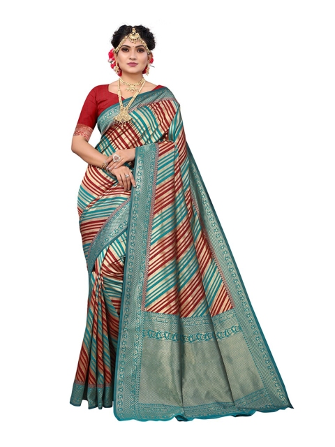 

Pisara Teal & Red Woven Design Silk Blend Chanderi Saree