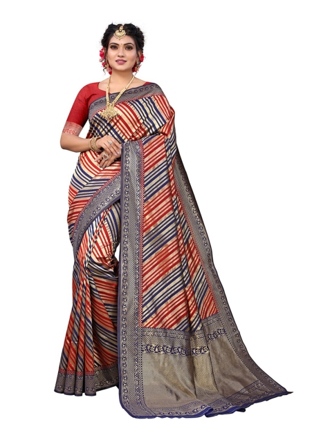 

Pisara Navy Blue & Silver-Toned Woven Design Silk Blend Chanderi Saree