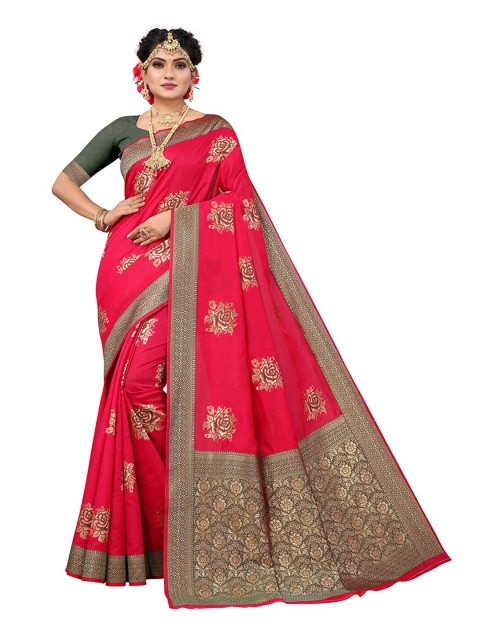 

Pisara Pink & Gold-Toned Woven Design Silk Blend Chanderi Saree