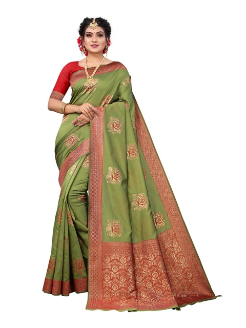 

Pisara Olive Green & Pink Woven Design Silk Blend Chanderi Saree